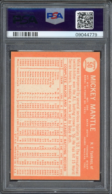 1964 Topps #50 Mickey Mantle PSA NM-MT 8