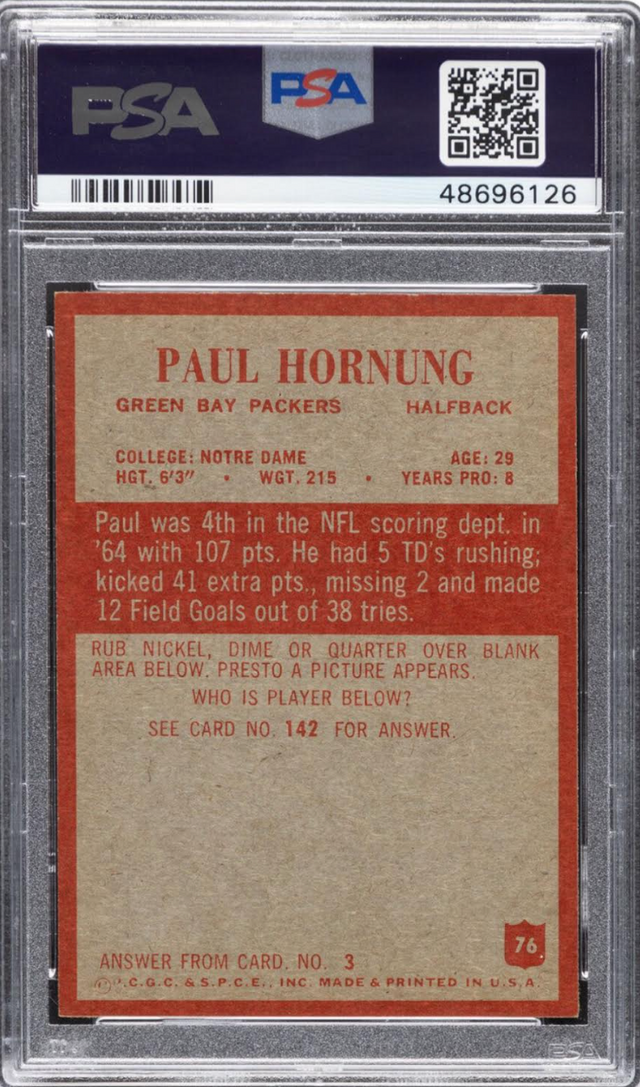1965 Philadelphia #76 Paul Hornung PSA MINT 9