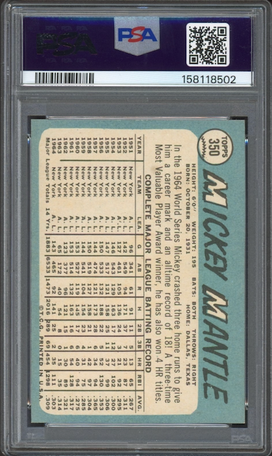1965 Topps #350 Mickey Mantle PSA NM-MT 8
