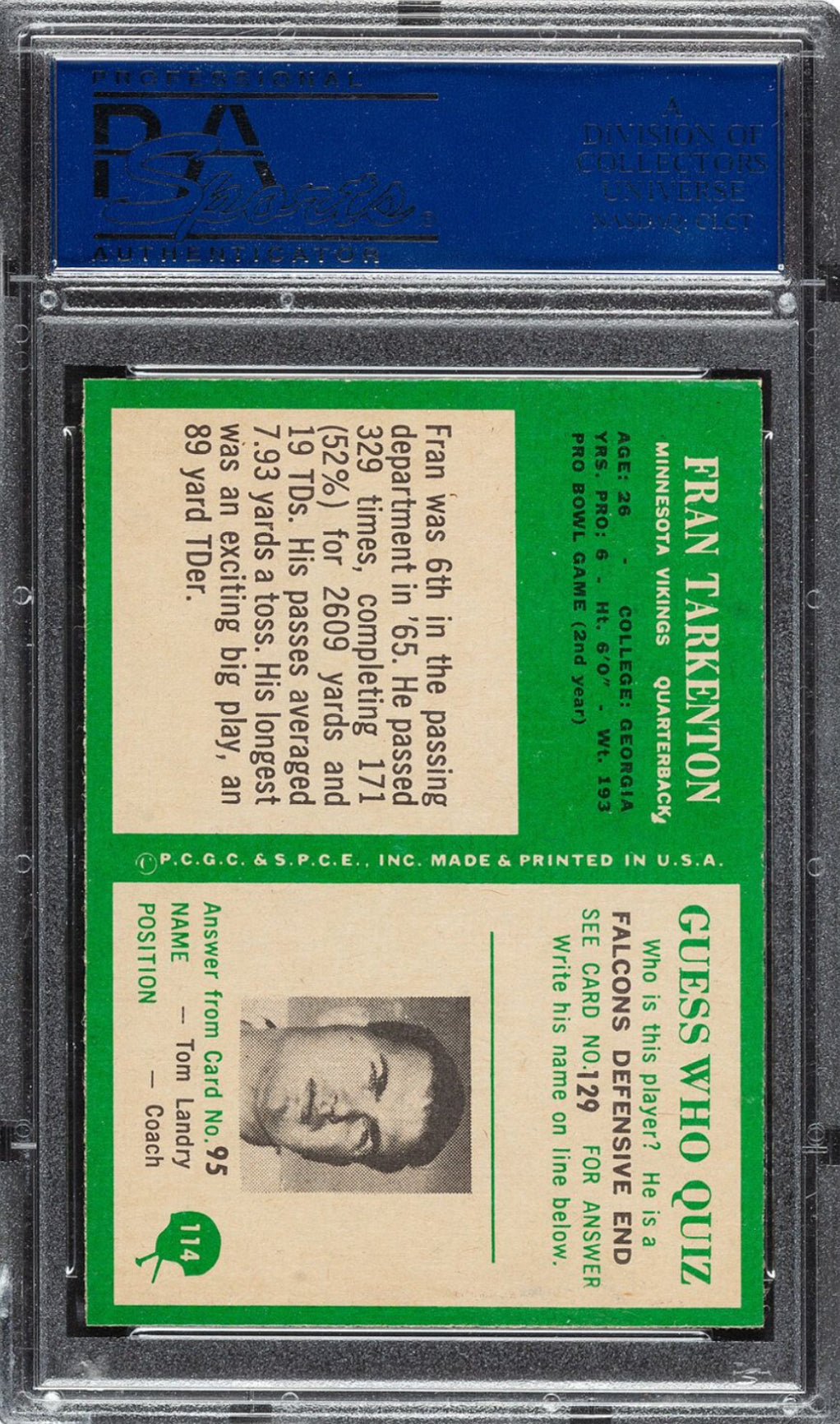 1966 Philadelphia #114 Fran Tarkenton PSA 9