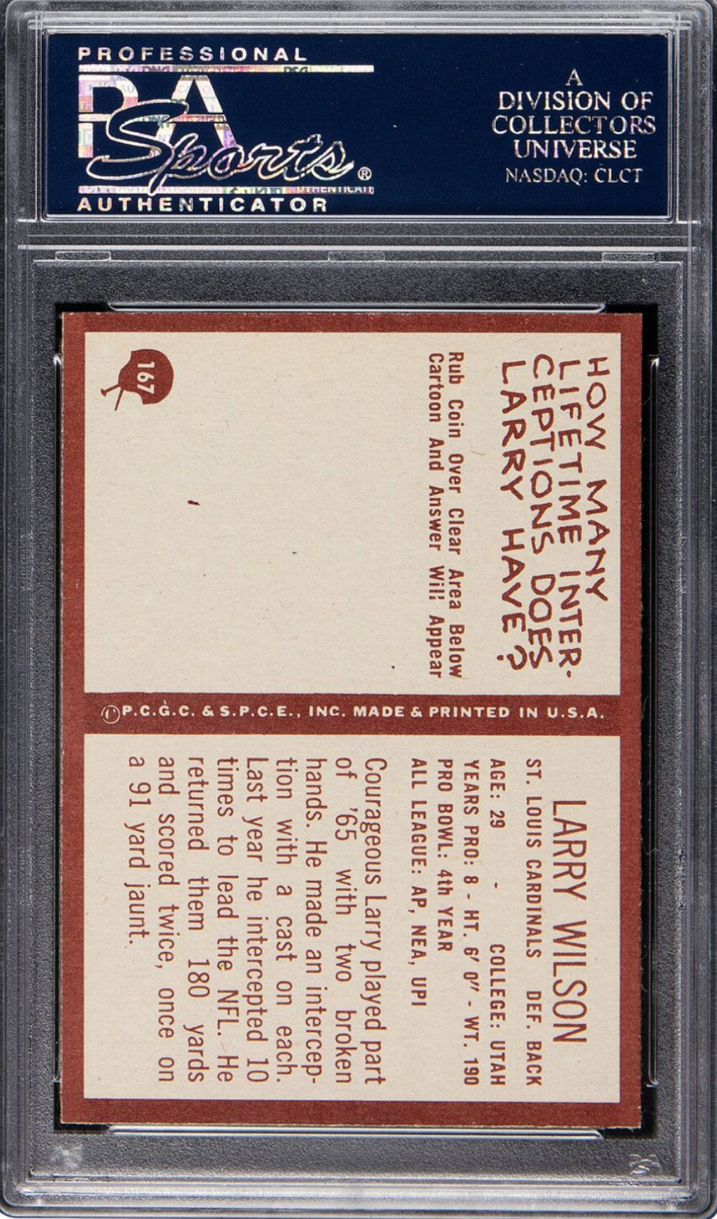 1967 Philadelphia #167 Larry Wilson PSA MINT 9