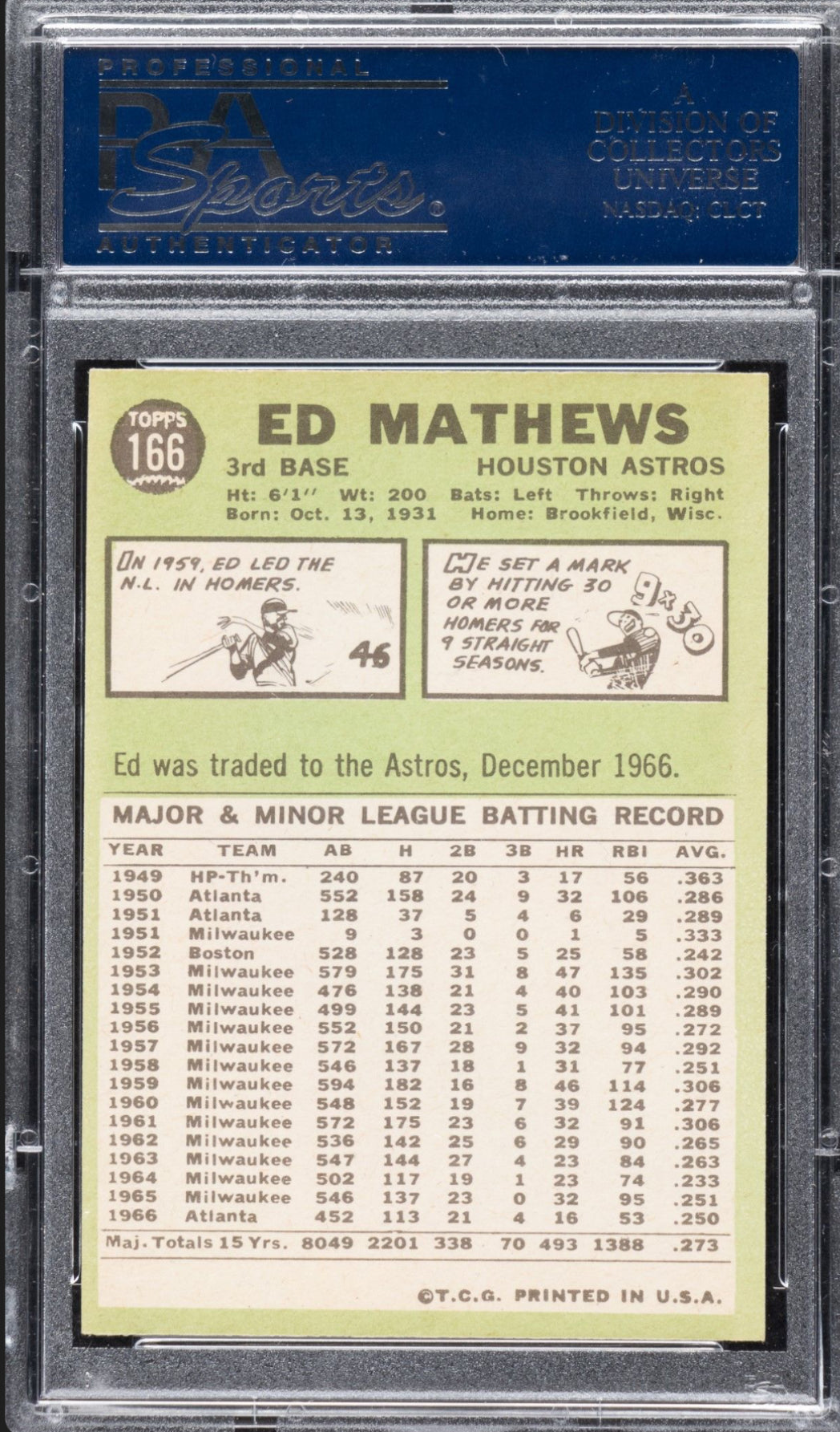1967 Topps #166 Eddie Matthews PSA NM-MT 8