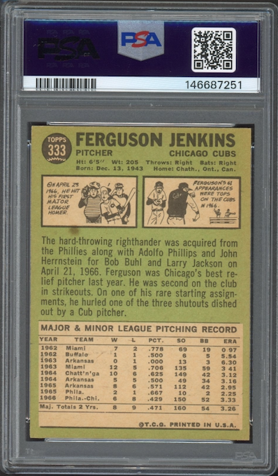 1967 Topps #333 Ferguson Jenkins PSA MINT 9