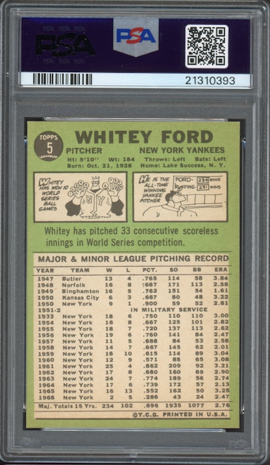 1967 Topps #5 Whitey Ford PSA MINT 9