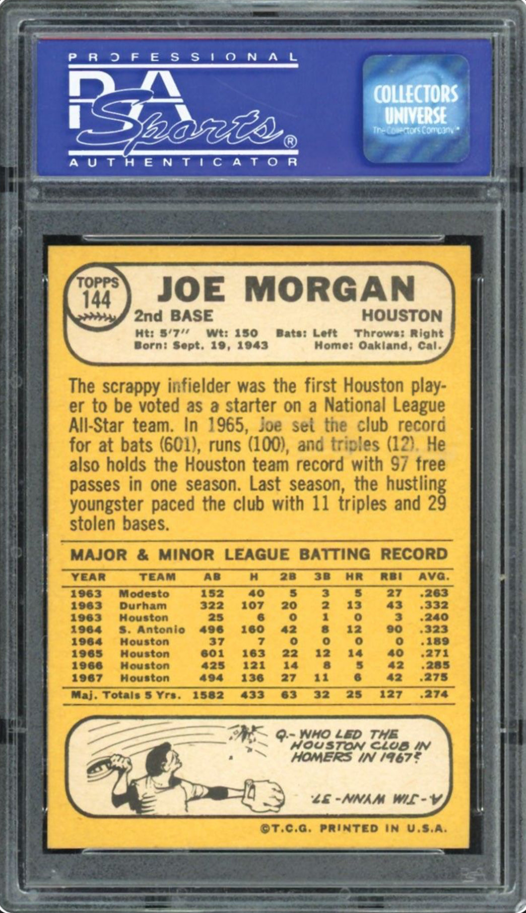 1968 Topps #144 Joe Morgan PSA MINT 9