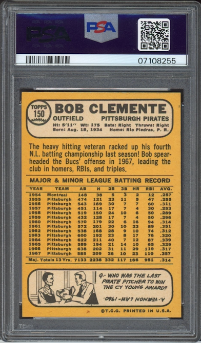 1968 Topps #150 Bob (Roberto) Clemente PSA MINT 9
