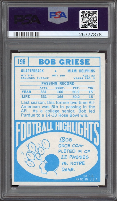 1968 Topps #196 Bob Griese ROOKIE PSA MINT 9