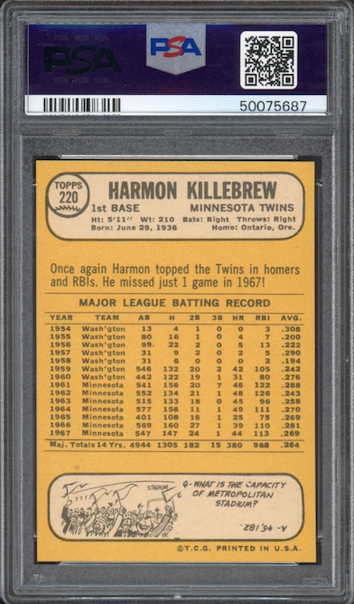 1968 Topps #220 Harmon Killebrew PSA GEM MINT 10