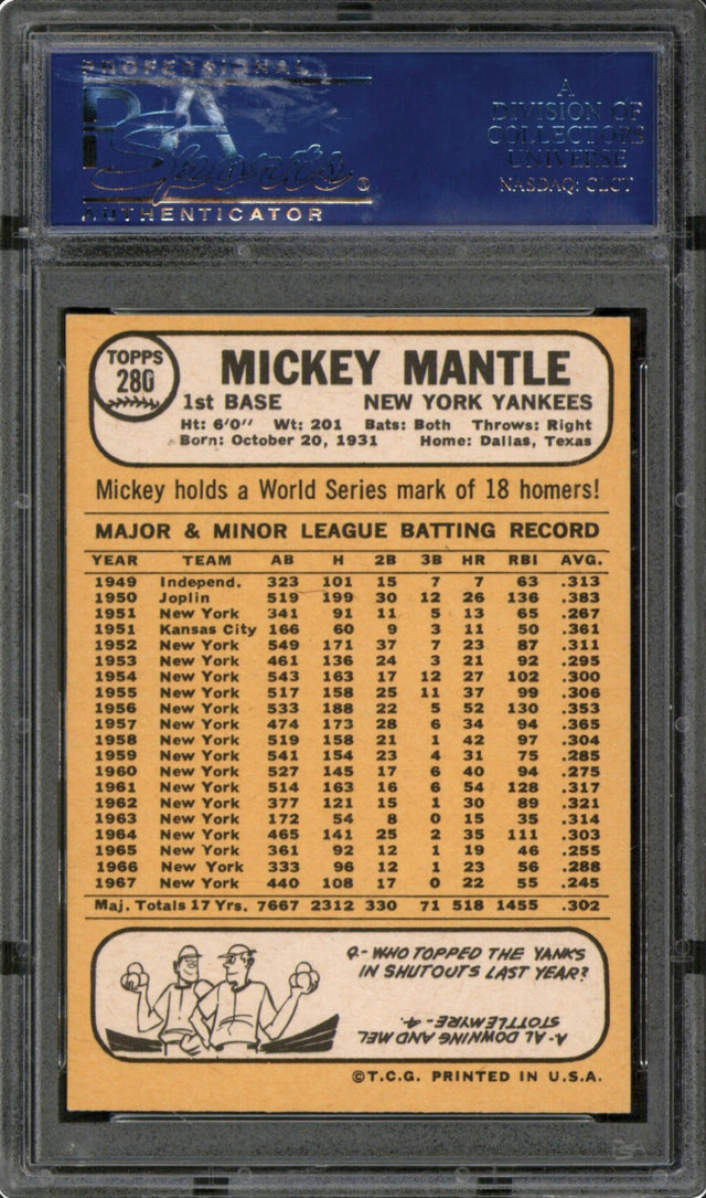 1968 Topps #280 Mickey Mantle PSA NM-MT 8