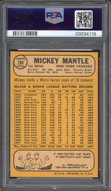 1968 Topps #280 Mickey Mantle PSA NM-MT 8