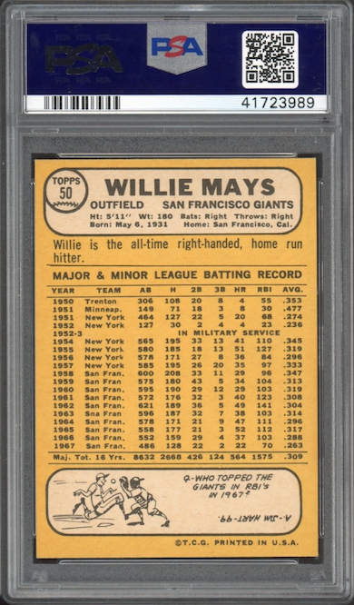 1968 Topps #50 Willie Mays PSA MINT 9