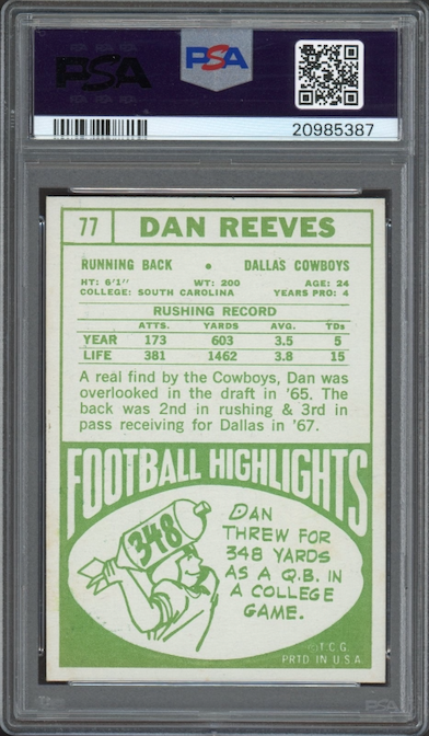 1968 Topps #77 Dan Reeves PSA MINT 9