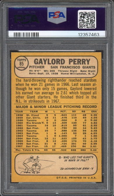 1968 Topps #85 Gaylord Perry PSA MINT 9