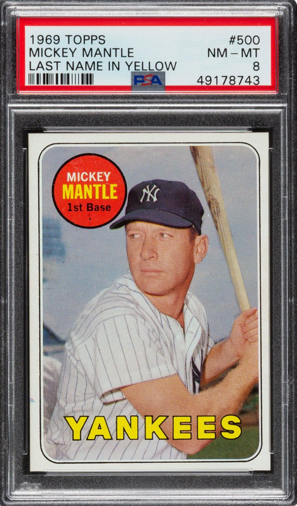 1969 Topps Last Name Yellow #500 Mickey Mantle PSA 8