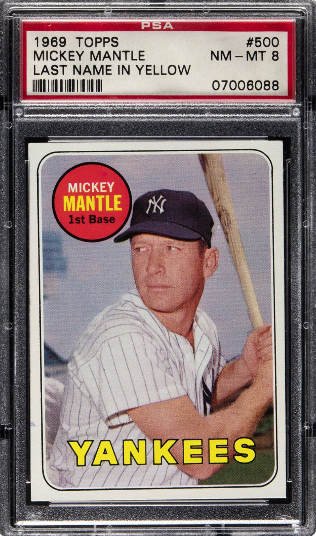 1969 Topps Last Name Yellow #500 Mickey Mantle PSA 8