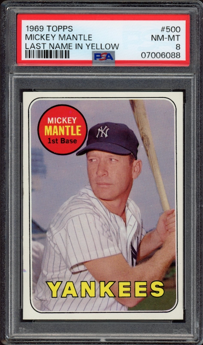 1969 Topps #500 Mickey Mantle Last Name Yellow PSA NM-MT 8