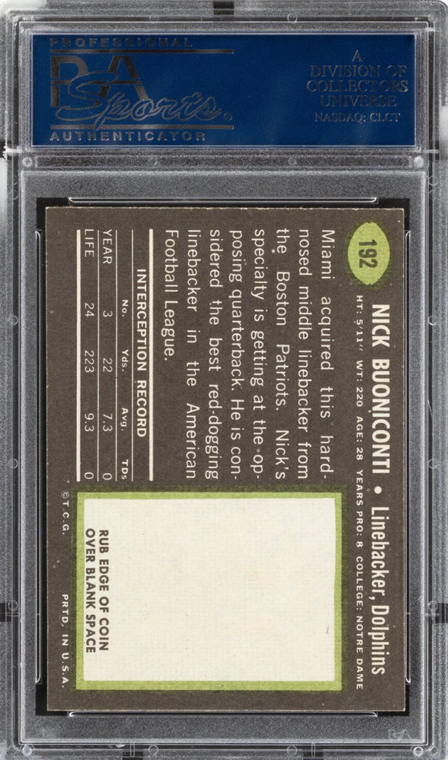 1969 Topps #192 Nick Buoniconti PSA MINT 9