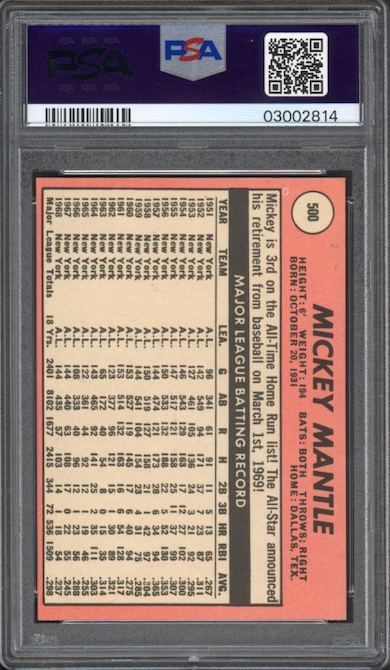 1969 Topps #500 Mickey Mantle Last Name Yellow PSA MINT 9