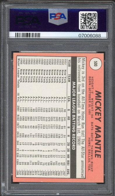 1969 Topps #500 Mickey Mantle Last Name Yellow PSA NM-MT 8