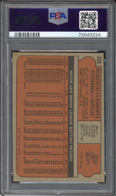 1972 Topps #309 Roberto Clemente PSA MINT 9