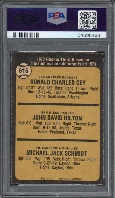 1973 O-Pee-Chee #615 Rookie 3rd Basemen Mike Schmidt ROOKIE PSA MINT 9