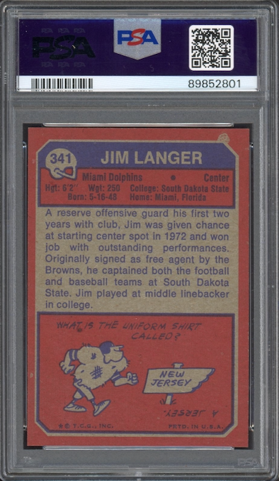 1973 Topps #341 Jim Langer ROOKIE PSA MINT 9 – Hall of Fame Exchange