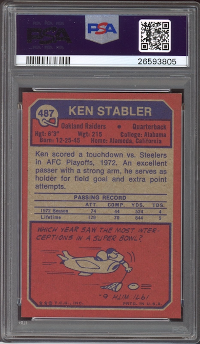 1973 Topps #487 Ken Stabler ROOKIE PSA MINT 9