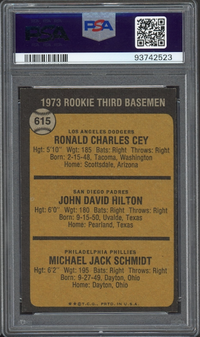 1973 Topps #615 Rookie 3rd Basemen Mike Schmidt ROOKIE PSA NM-MT 8