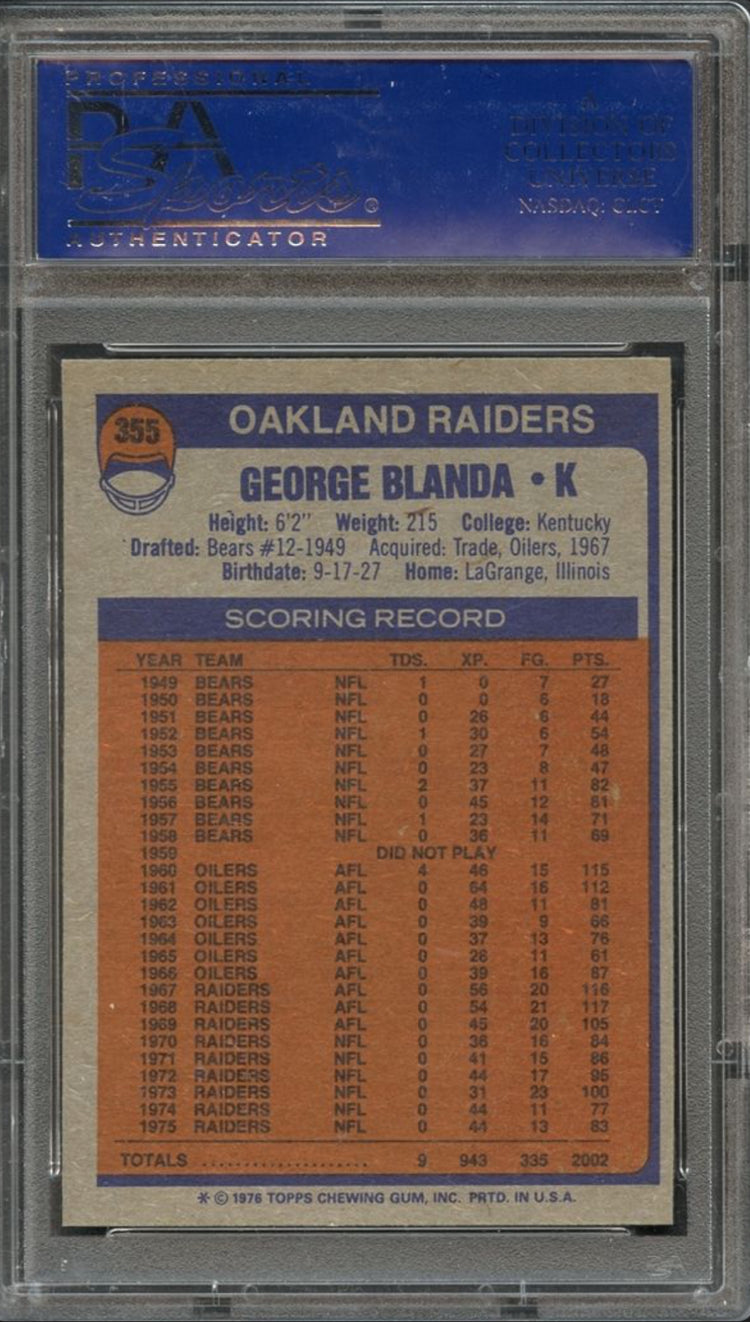 1976 Topps #355 George Blanda PSA GEM MINT 10