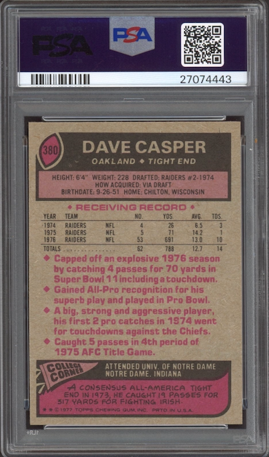 1977 Topps #380 Dave Casper All-Pro ROOKIE PSA MINT 9