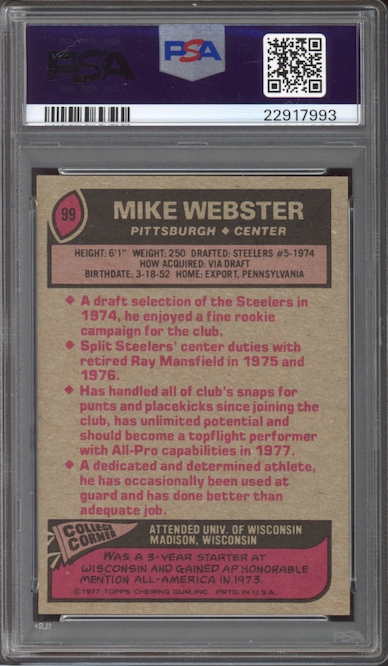 1977 Topps #99 Mike Webster ROOKIE PSA MINT 9