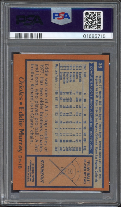 1978 Topps #36 Eddie Murray ROOKIE PSA MINT 9