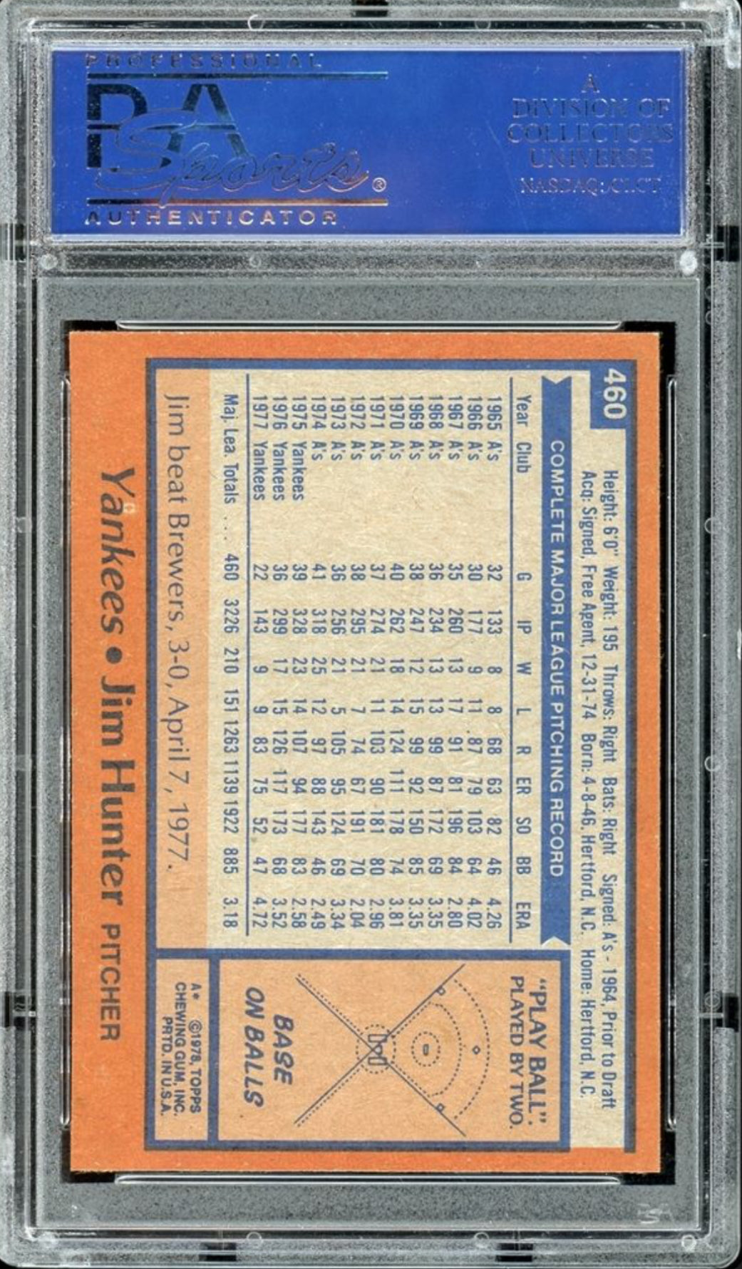 1978 Topps #460 Jim Hunter PSA GEM MINT 10