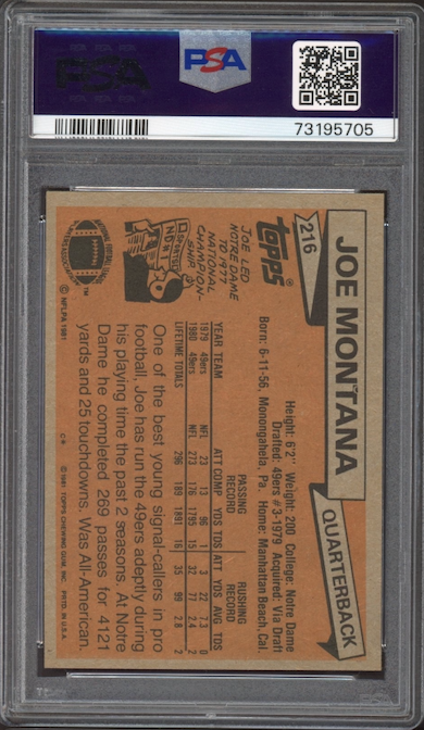 1981 Topps #216 Joe Montana ROOKIE PSA NM-MT 8