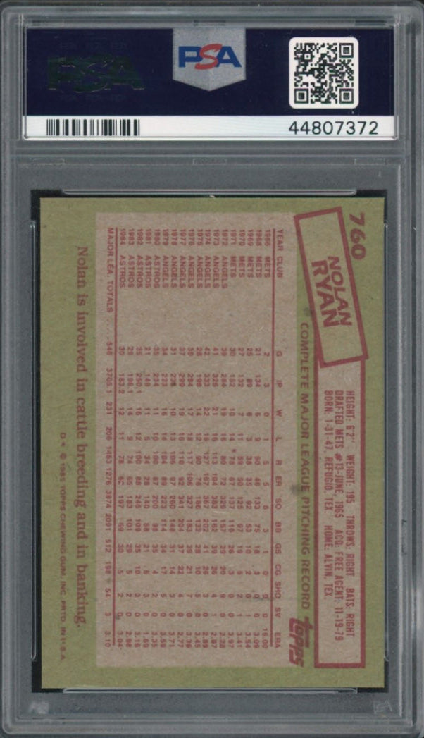 1985 Topps #760 Nolan Ryan PSA 10