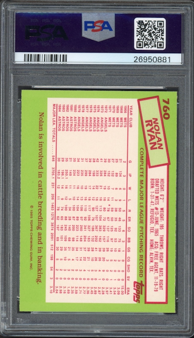 1985 Topps Tiffany #760 Nolan Ryan PSA GEM MINT 10