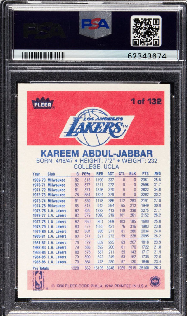1986 Fleer #1 Kareem Abdul-Jabbar PSA 9