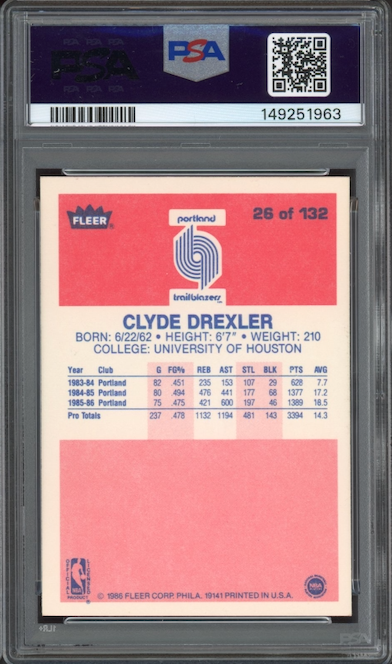 1986 Fleer #26 Clyde Drexler PSA MINT 9