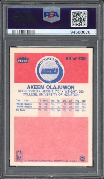 1986 Fleer #82 Akeem Olajuwon ROOKIE PSA MINT 9