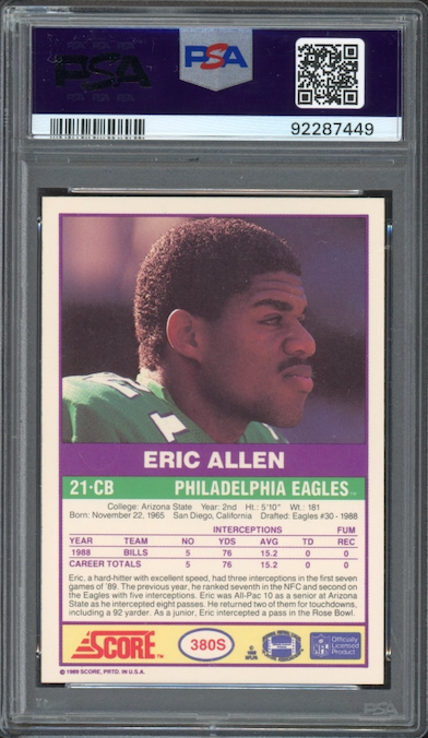 1989 Score #380S Eric Allen Supplemental ROOKIE PSA GEM MINT 10