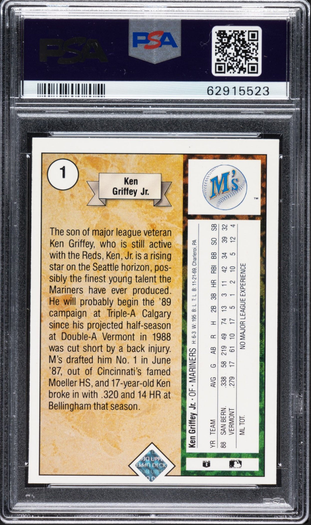 1989 Upper Deck #1 Ken Griffey Jr. ROOKIE PSA NM-MT 8