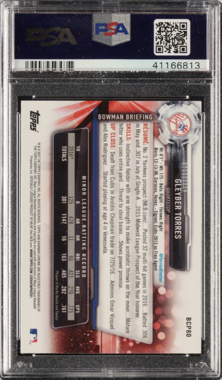 2017 Bowman Prospects - Chrome #BCP80 Gleyber Torres ROOKIE PSA MINT 9