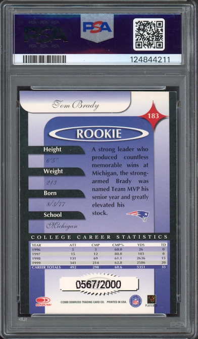 2000 Donruss Elite #183 Tom Brady ROOKIE PSA NM-MT 8