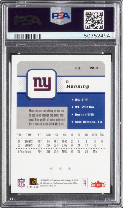 2006 Fleer #63 Eli Manning PSA GEM MINT 10