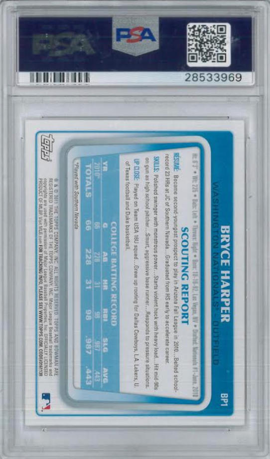 2011 Bowman Chrome Prospects #BCP1 Bryce Harper ROOKIE PSA NM-MT 8