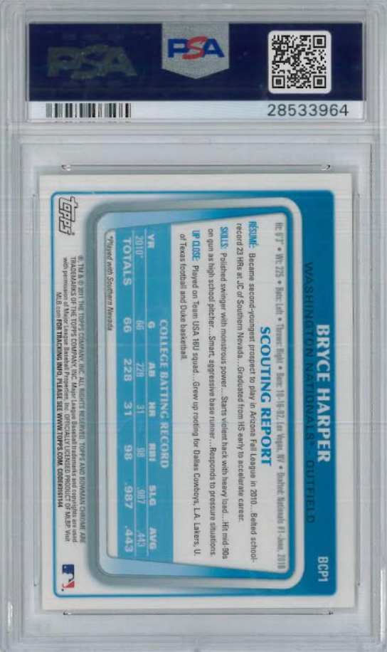 2011 Bowman Chrome Prospects #BCP1 Bryce Harper ROOKIE PSA NM-MT 8