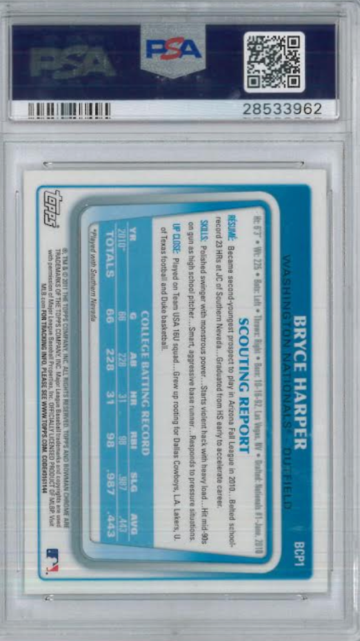 2011 Bowman Chrome Prospects #BCP1 Bryce Harper ROOKIE PSA NM-MT 8