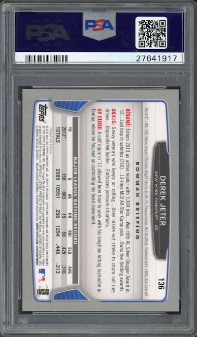 2013 Bowman #136 Derek Jeter PSA 10