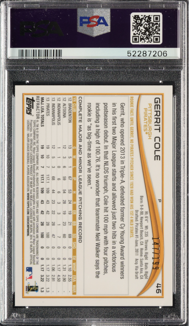 2014 Topps Chrome Blue Refractor #46 Gerrit Cole PSA MINT 9