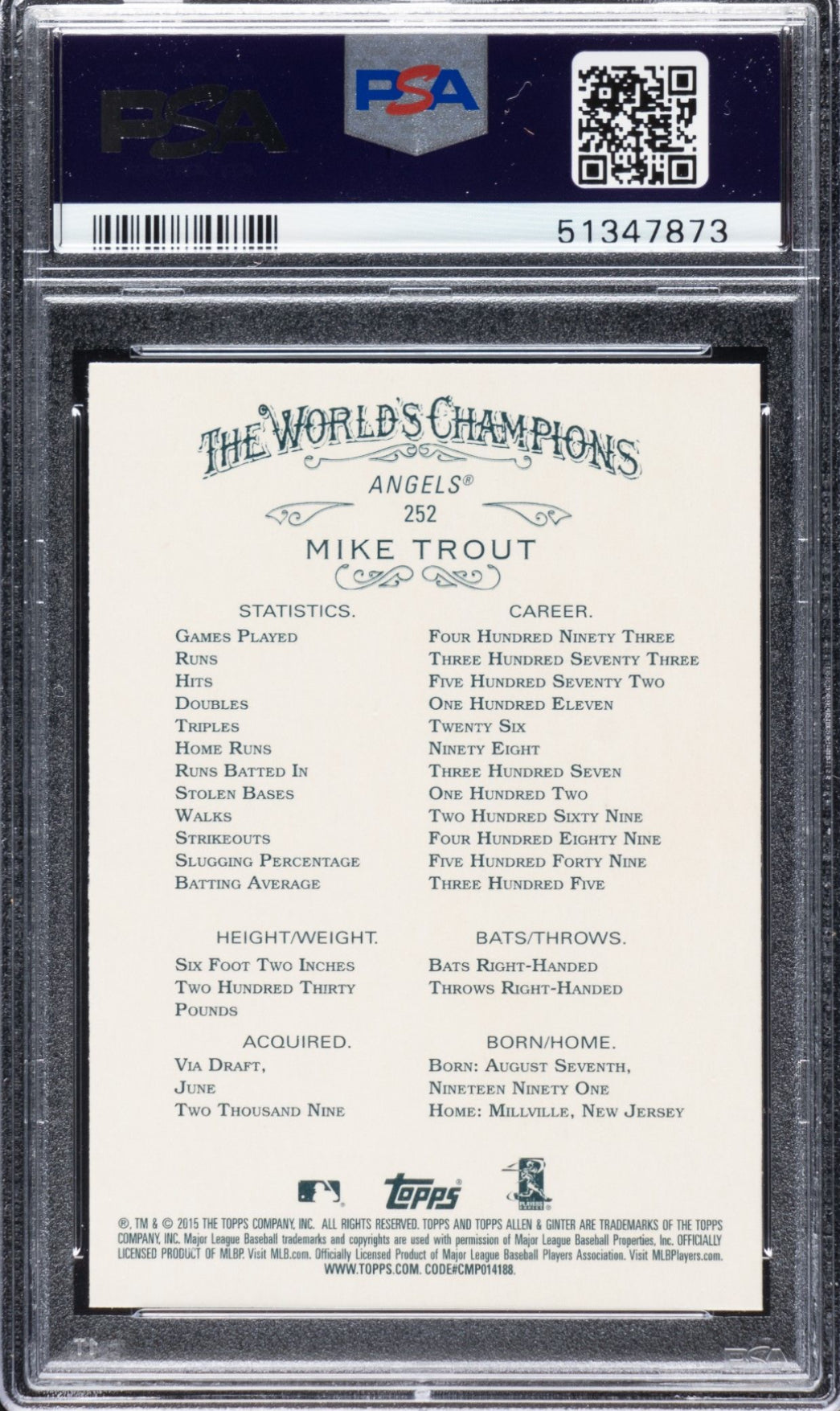 2015 Topps A & G #252 Mike Trout PSA GEM MINT 10